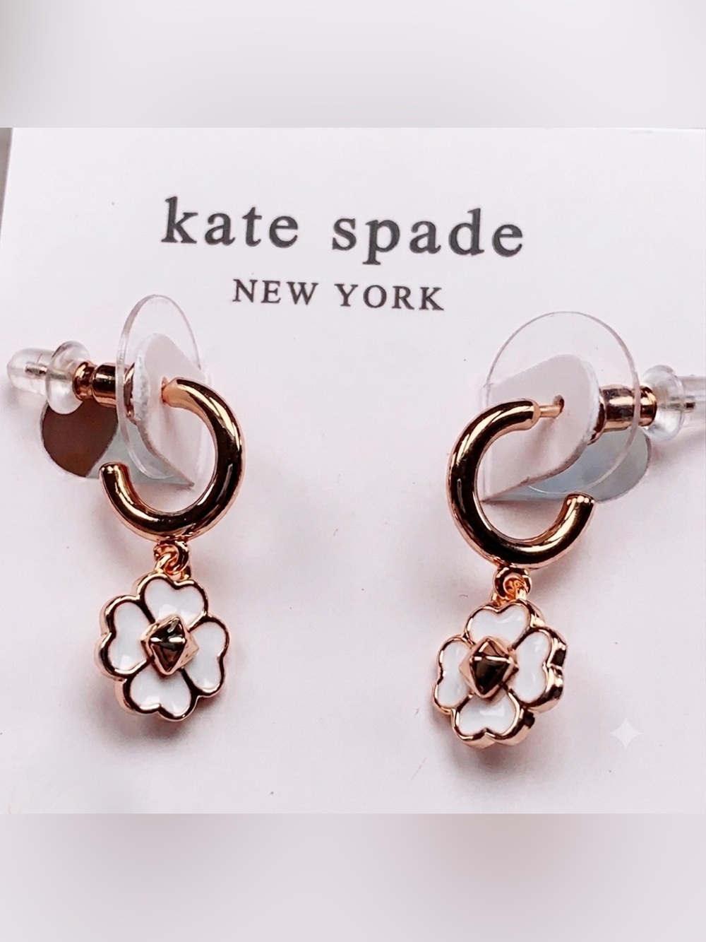 NWT Kate Spade Gold Tone White Enamel Spade Flower Drop Huggie Hoop Earrings